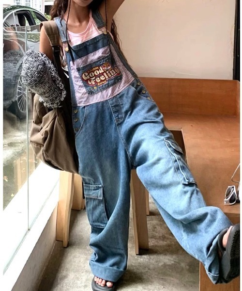SHEENA（シーナ） サロペット オーバーオール 刺繍ロゴポケットデニム