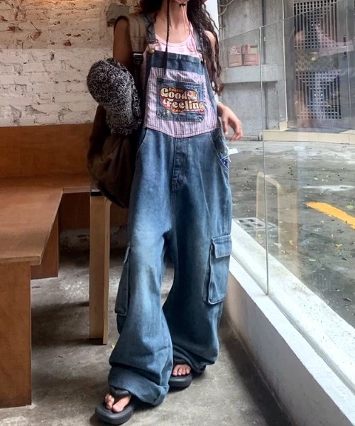SHEENA（シーナ） サロペット オーバーオール 刺繍ロゴポケットデニム