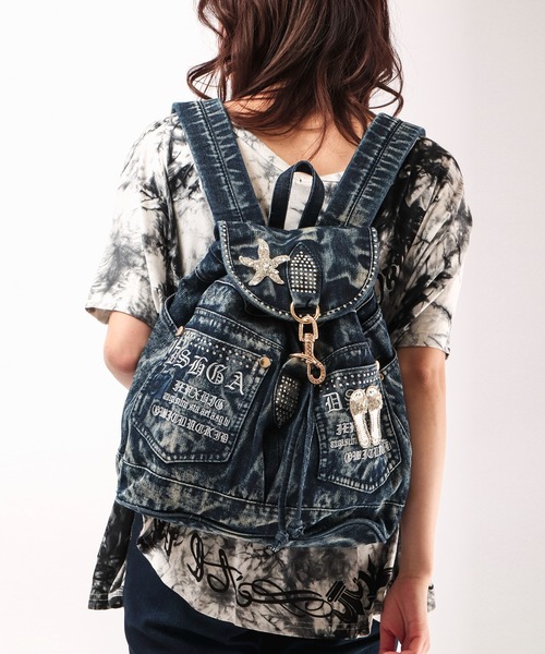 BLACK JACKALL CROWN デイバック リュック デニム ロゴ刺繍×ジルコン BLACK JACKALL CROWN デイバック リュック デニム ロゴ刺繍×ジルコン
