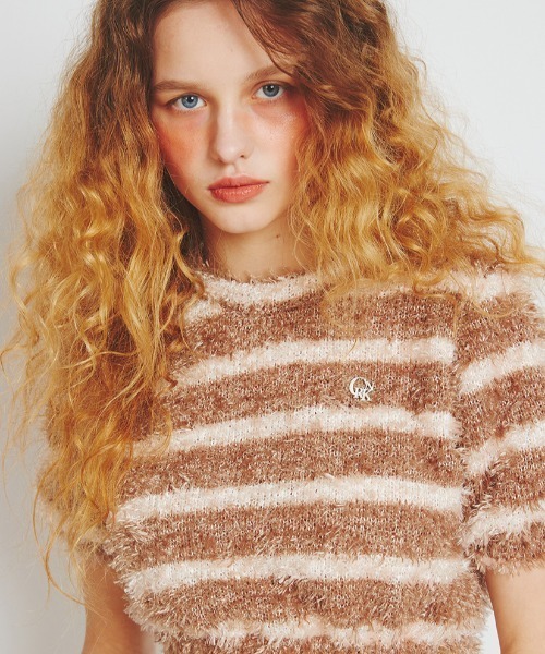 tシャツ A'GAM/9×.kom「CRANK/クランク」FUR STRIPE CROP TOP/ファーボーダークロップ レディース