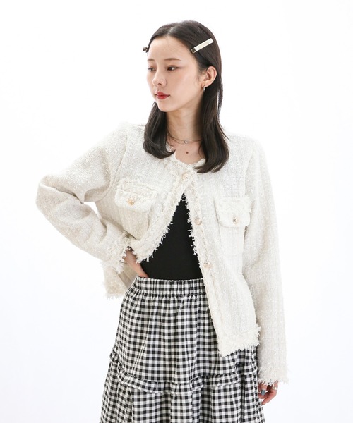 ジャケット ノーカラージャケット ノーカラーツイードジャケット