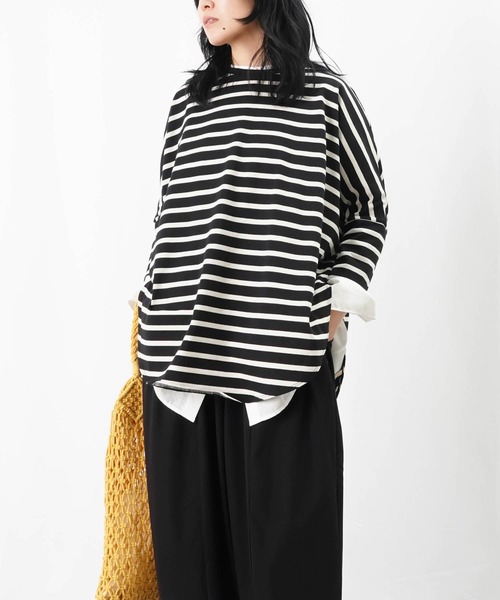 レディース Tシャツ カットソー ボーダー 7分袖 ドルマンスリーブ コットン100 綿 ゆったり 日本製 SORTE ソルテ 40代 50代 60代 カットソー レディース ドルマンスリーブ 七分袖 日本製 無地