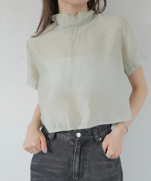 ブラウス シャツ シアーハイネックブラウス／sheer highneck blouse 半袖 スタンドネック シースルー シマー きれいめ シンプル