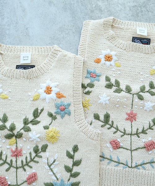 24SS bulle de savon ネパールハンドニット クロシェ ベスト AMBIDEX Store ○〇 ネパールハンドニット 花束刺繍 ベスト(F