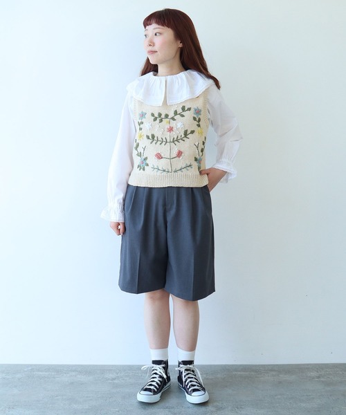 24SS bulle de savon ネパールハンドニット クロシェ ベスト bulle de savon ベスト ジレ ○ネパールハンドニット 花束刺繍