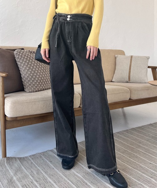 リボン ワイド デニム パンツ ストレート ハイウエスト ルーズ 楽天市場】バックリボンハイウエストデニムワイドパンツ バック