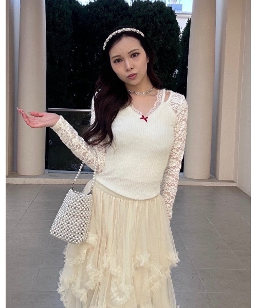 tシャツ Red Ribbon Lace tops レディース