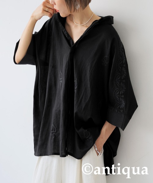 antiqua（アンティカ） ブラウス シャツ 半袖 インド綿 刺繍シャツ