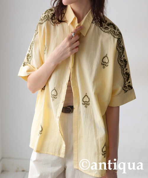 antiqua（アンティカ） ブラウス シャツ 半袖 インド綿 刺繍シャツ 