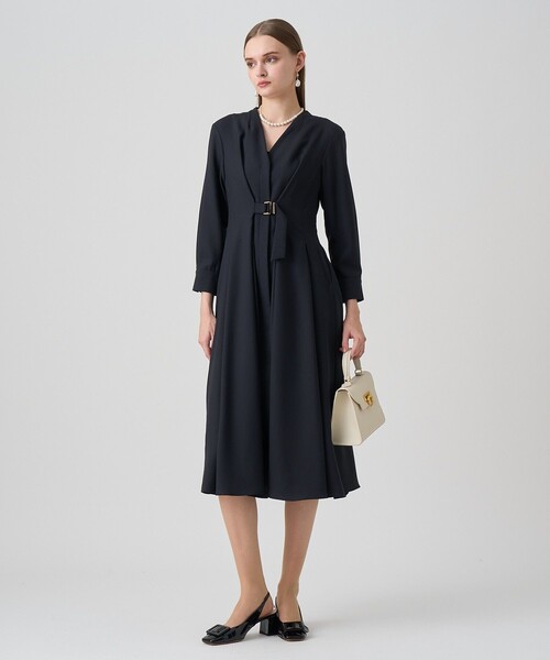 美品 ANAYI シャツワンピース ウールジョーゼット　Vネック リボン ドレス ANAYI - 美品 ANAYI シャツワンピース ウールジョーゼット V