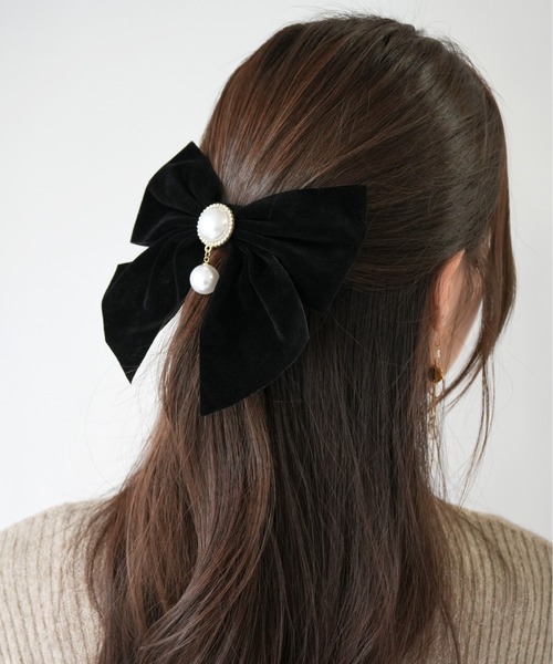 Port（ポート） ヘアクリップ 「 」 パール ビジュー ベロア リボン