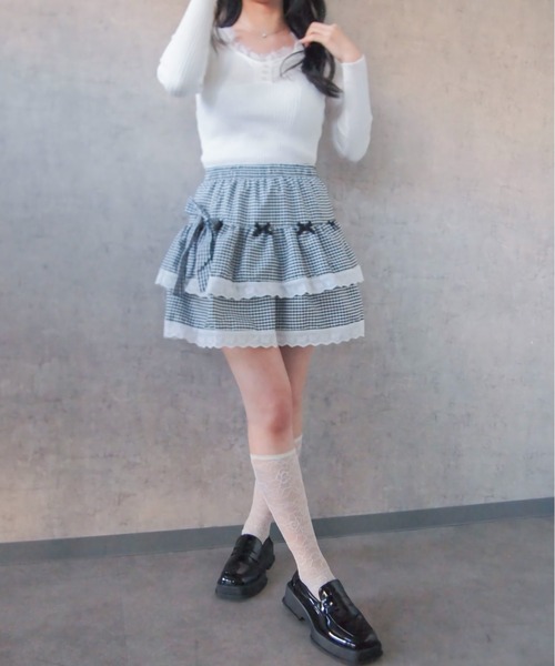 Mejoul スカート 「2026春夏新作」リボン付フリルティアードミニ