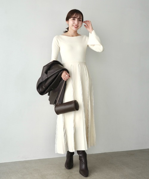 新品同様 anuans ニットワンピース FREE ホワイト レディース anuans（アニュアンス） ワンピース モヘアプリーツニットワンピース