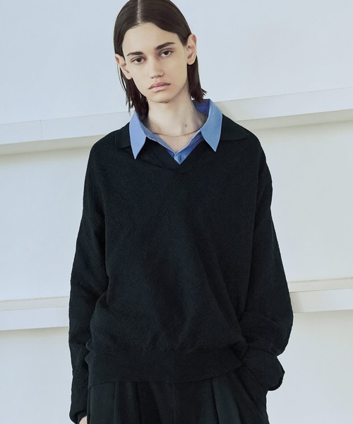 24SS Blanc YM 黒 Vネック ニットポロシャツ Blanc YM] (ブランワイエム) BL-25S-KLPS Knit Long Polo Shirts