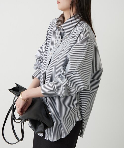 【限定値下げ】ラウンジドレス　バンドカラーストライプシャツ　ブラック 美品＊定価1.7万】ラウンジドレス バンドカラーストライプシャツ
