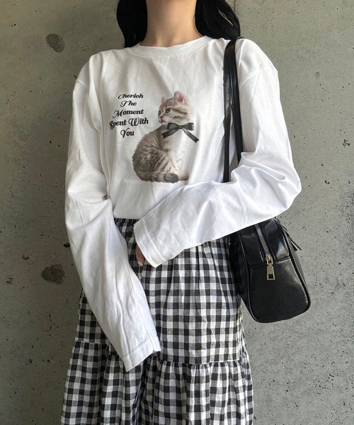 tシャツ ビッグキャット×リボンロンT／長袖Tシャツ レディース