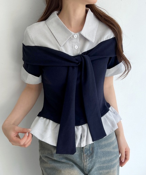 by muni:r tシャツ 半袖 ストライプリボンレイヤードフリルブラウス