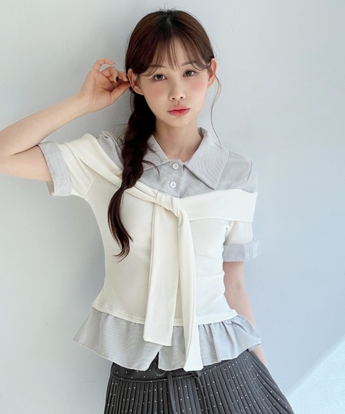 Ralph Lauren ストライプ フリル 半袖シャツ シルク100％ М by muni:r tシャツ 半袖 ストライプリボンレイヤードフリルブラウス