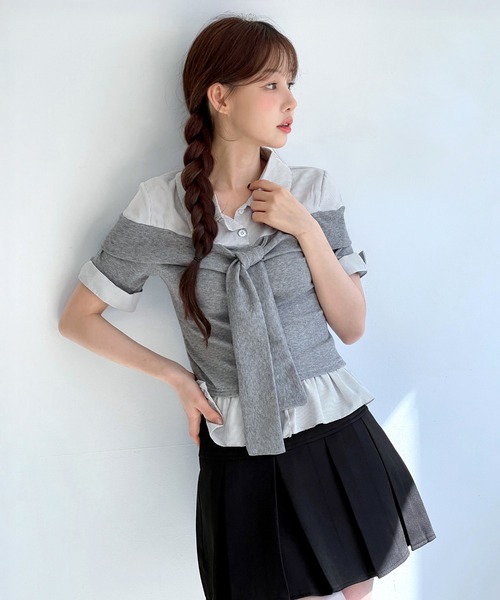 by muni:r tシャツ 半袖 ストライプリボンレイヤードフリルブラウス