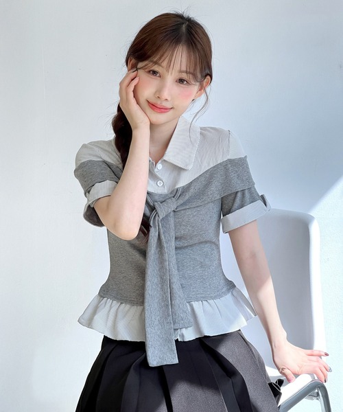 by muni:r tシャツ 半袖 ストライプリボンレイヤードフリルブラウス