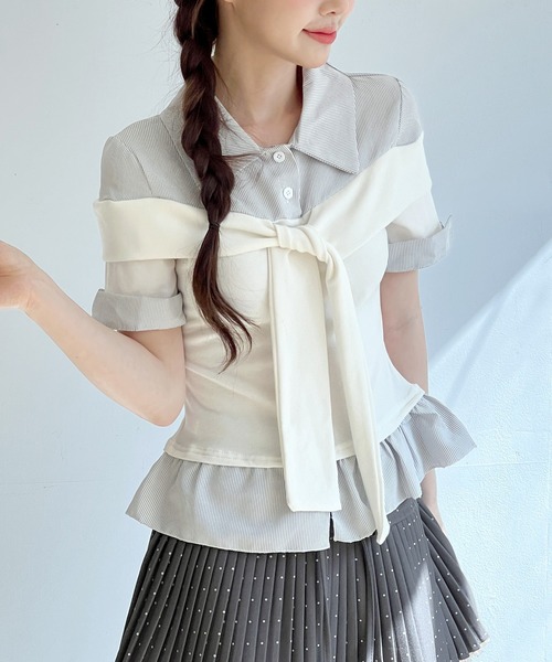 by muni:r tシャツ 半袖 ストライプリボンレイヤードフリルブラウス