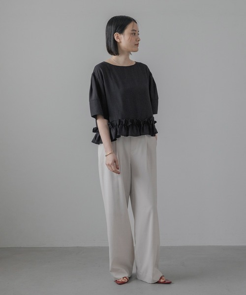 スラックス パンツ リネンライクタックパンツ レディースの画像