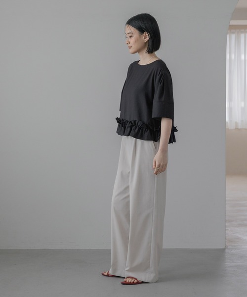 スラックス パンツ リネンライクタックパンツ レディースの画像