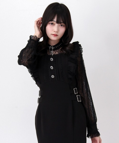 DearMyLove ワンピース 夏 チョーカー風十字架チャームレースフリル