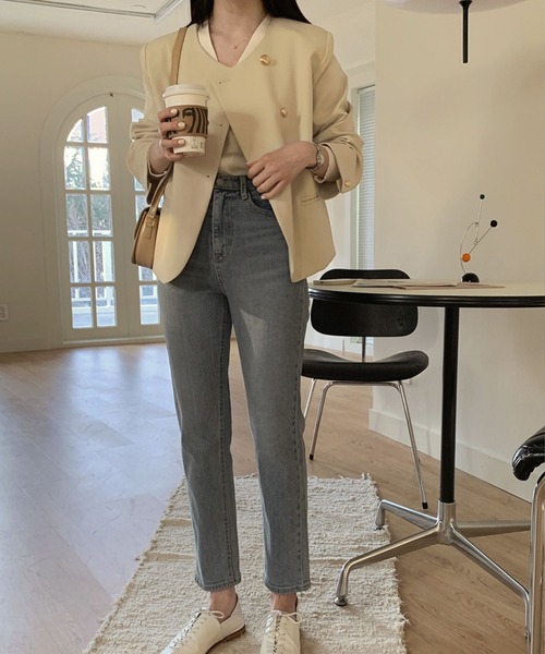 by muni:r ジャケット テーラードジャケット フェミニンノーカラ