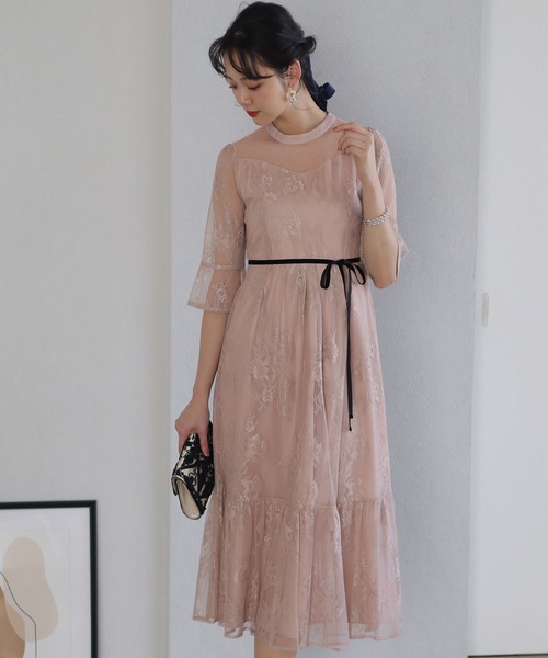 PourVous ドレス 袖あり＆ロング パーティードレス ラメお呼ばれ結婚式