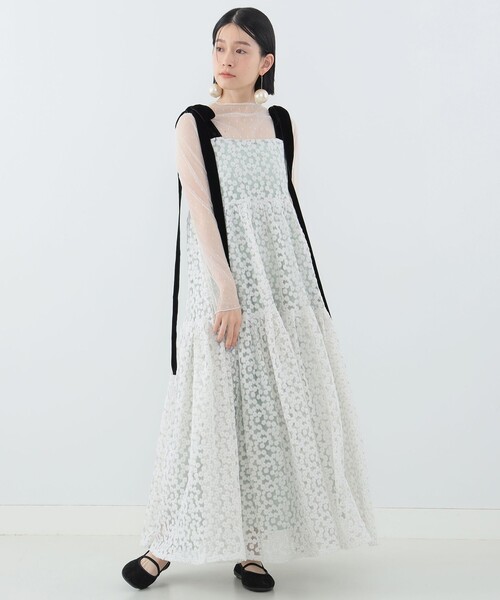Deargue ディアージュ フラワー 刺繍 レース ロング ワンピース 紺 M チュールフラワー刺繍ワンピース / GRACE CONTINENTAL | GRACE