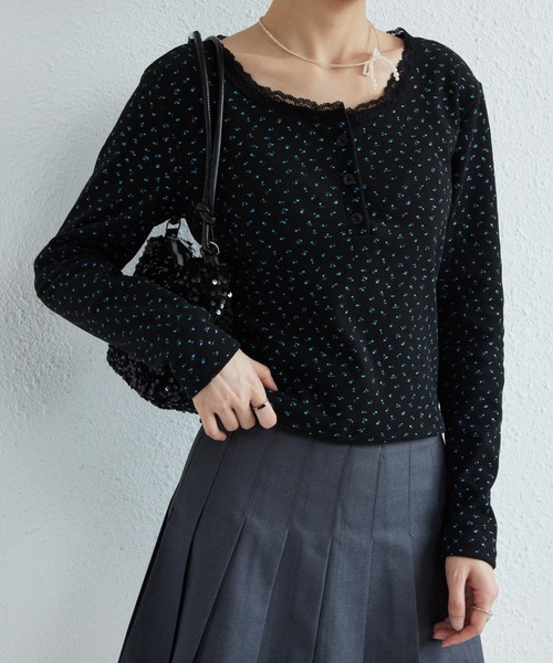 MAISON DE THERESE tシャツ 小花柄ソフト長袖Tシャツ フラワー