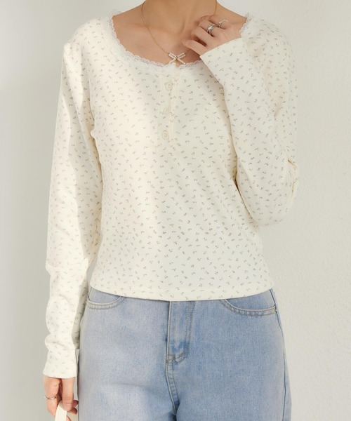 tシャツ 小花ヘンリーロンT レディース MAISON DE THERESE tシャツ 小花柄ソフト長袖Tシャツ フラワー