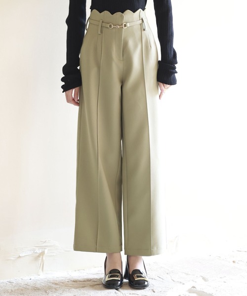 スカラップ ワイドパンツ ハイウエスト レディース オール