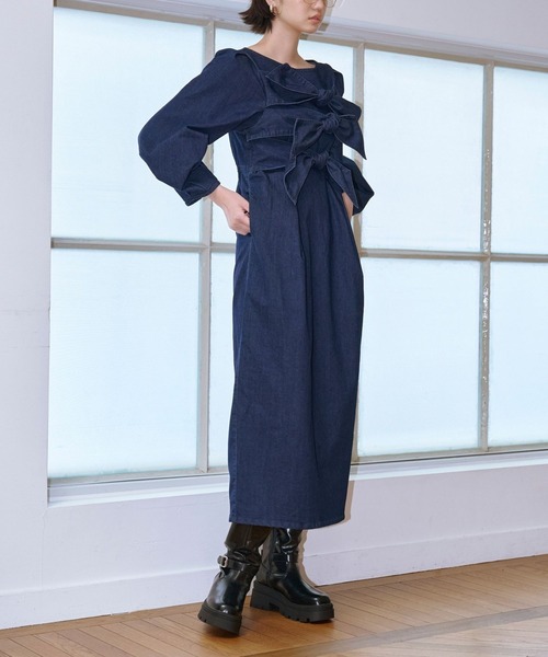 Denim ribbon onepiece（マキシ丈/ロングワンピース）｜Lil