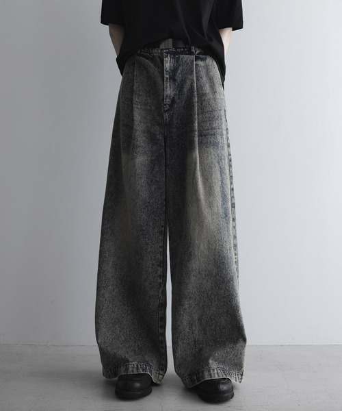 パンツ loose vintage semi-wide denim PT セール】Thunder embroidery design over wide denim pants