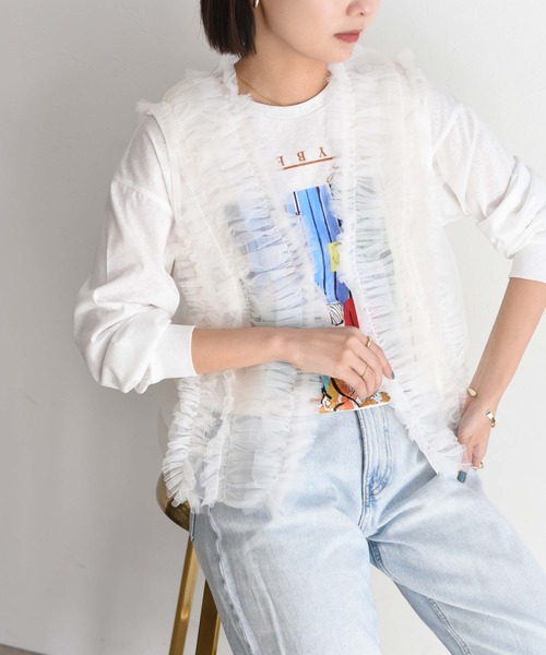 ベスト ジレ チュールフリル微配色ジレ レディース