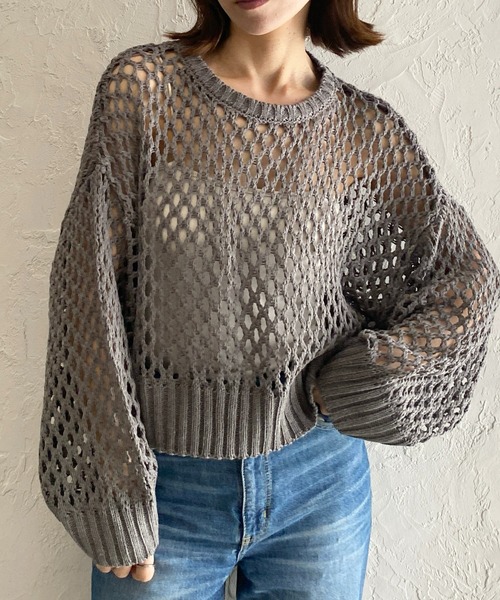 open yy 透かし編みニット 長袖 ショート丈カーディガントップス She's Closet ニット セーター 透かし編み長袖ショート丈シアー