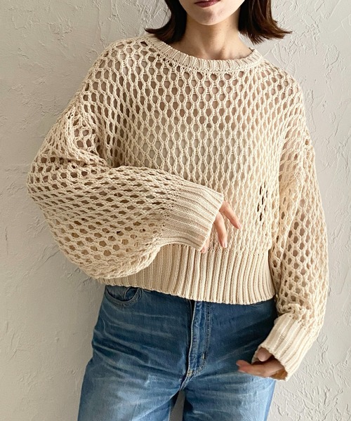 She's Closet ニット セーター 透かし編み長袖ショート丈シアー