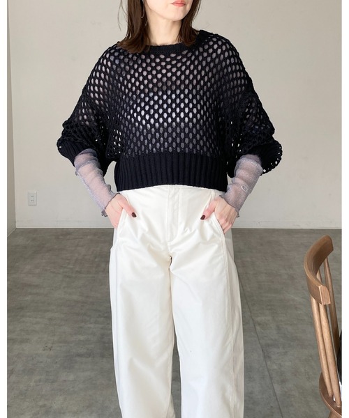 She's Closet ニット セーター 透かし編み長袖ショート丈シアー