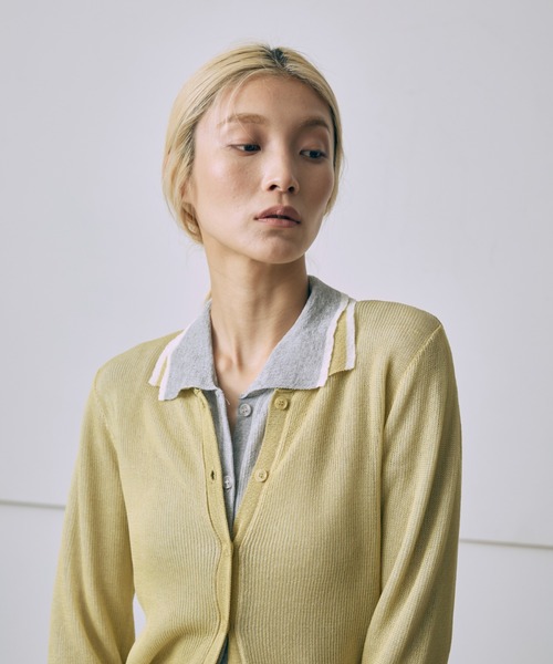 ニット セーター Linen-Feel Color-Block Tunic Cardigan レディース EN NEUME ニット セーター Linen-Feel Color-Block Tunic
