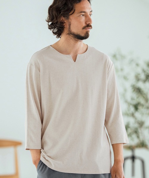 tシャツ mlt5150-Linen Blend Fabric Keyneck T-shirt 7分袖Tシャツ メンズ