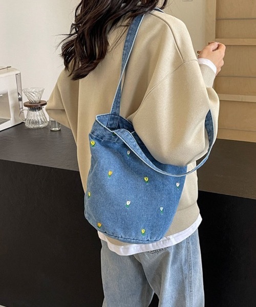 新品ブルー花柄ジーンズリメイクトートバック　ショルダーバックおまとめ３点 トートバッグ 花柄デザインデニムトートバッグ レディース : ZOZOTOWN