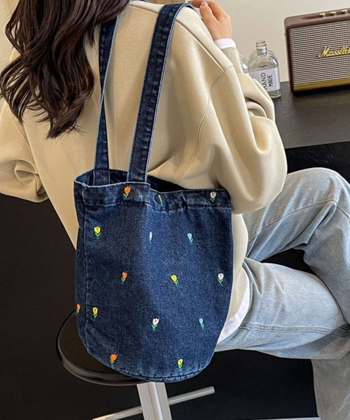 レスポ新品✨デニムブルー 花柄刺繍 トートバッグ トートバッグ 花柄デザインデニムトートバッグ レディース