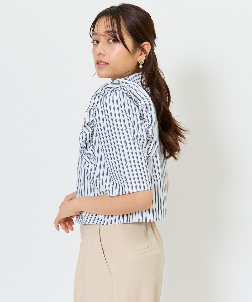 ブラウス シャツ ビジュー付きストライプフリルシャツ レディース And Couture ブラウス シャツ ビジュー付きストライプフリル