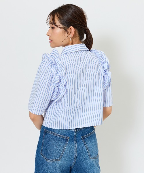 ブラウス シャツ ビジュー付きストライプフリルシャツ レディース And Couture ブラウス シャツ ビジュー付きストライプフリル
