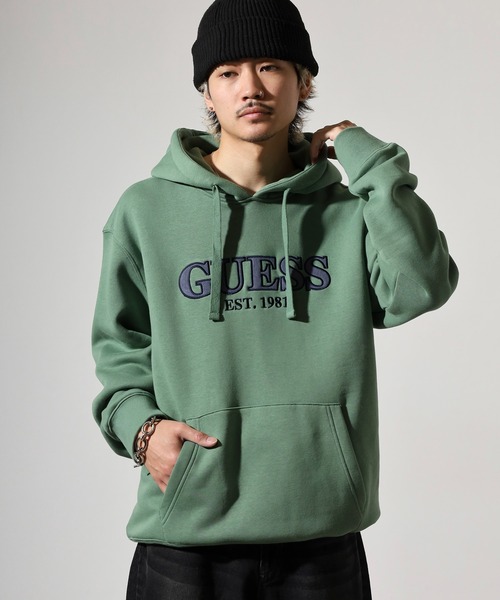 【カーキ(KAK)】GUESS パーカー (M)Embroidered Snap Hoodie GUESS（ゲス） パーカー GUESS UNI L/SLV HOODIES フーディ パーカー