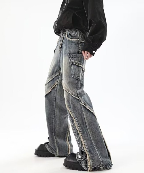 Ressaca（レサーカ） ワイドパンツ ジーンズ ダメージ加工切替デザイン