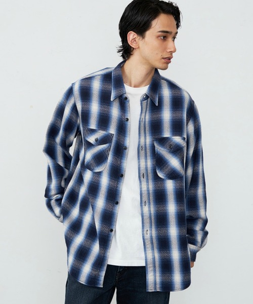 値下げ済 チャレンジャー ワークシャツ オンブレチェック ブルー L 開襟 値下げ済 チャレンジャー ワークシャツ オンブレチェック ブルー L