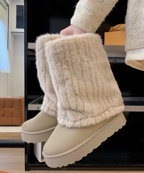 ファー付き厚底ベージュムートンブーツ AmiAmi（アミアミ） ブーツ 「2025AW再販！」厚底ムートンブーツ/軽量